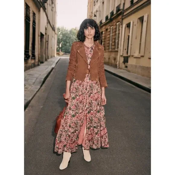 Sezane Zig Suede Jacket EU 36 US 4 Brown Goat Suede Moto Leather - Picture 2 of 13